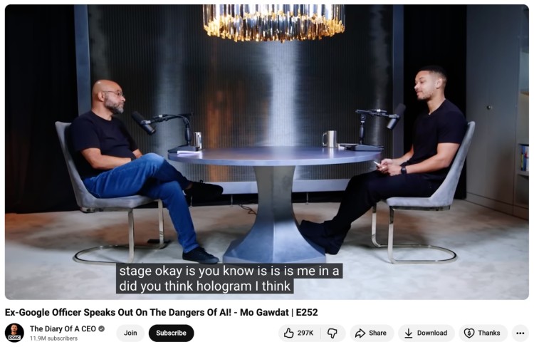 Screenshot from The Diary Of A CEO podcast featuring Mo Gawdat and Steven Bartlett, demonstrating how the video podcast format involves in-person conversations with professional production quality.