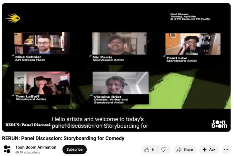 Virtual event panel discussion on storyboarding for comedy featuring storyboard artists and directors hosted by Toon Boom Animation