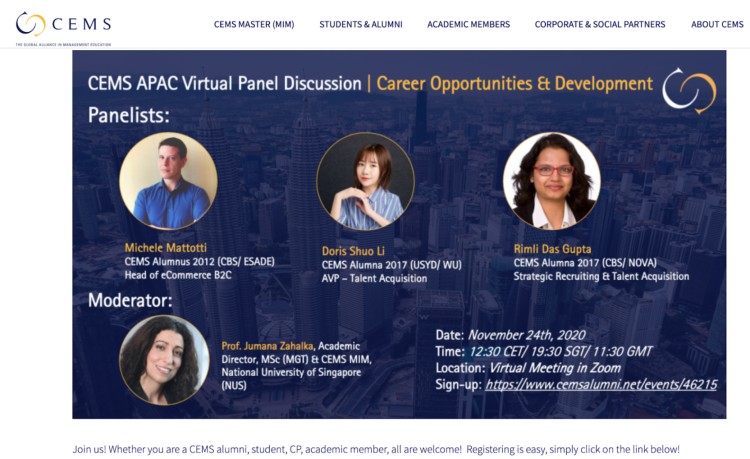Virtual panel discussion hosted by CEMS featuring three panelists and one moderator discussing career opportunities and development.