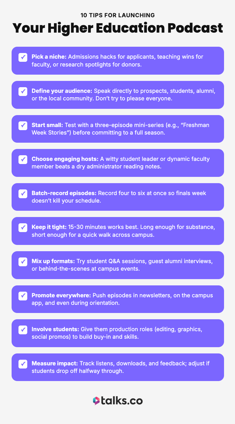 Checklist infographic showing 10 tips to start podcasting for higher education, including niche selection, audience definition, choosing hosts, batch recording, promotion, and measuring impact.