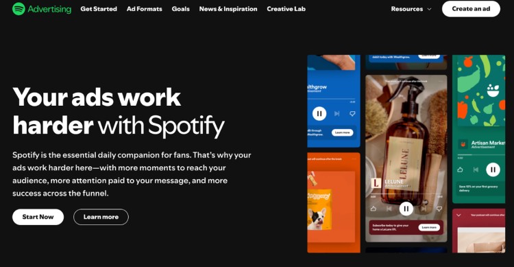 Screenshot of the Spotify Advertising homepage showcasing ad examples and explaining how businesses can run campaigns effectively on platforms like Spotify.