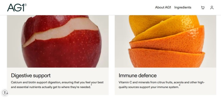 Screenshot of the AG1 website highlighting digestive support and immune defence benefits from the supplement brand that Joe Rogan uses.