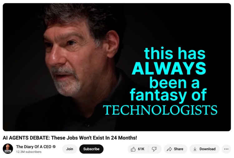 Screenshot from a discussion online featuring a speaker debating the future of jobs and technology in The Diary of a CEO episode.