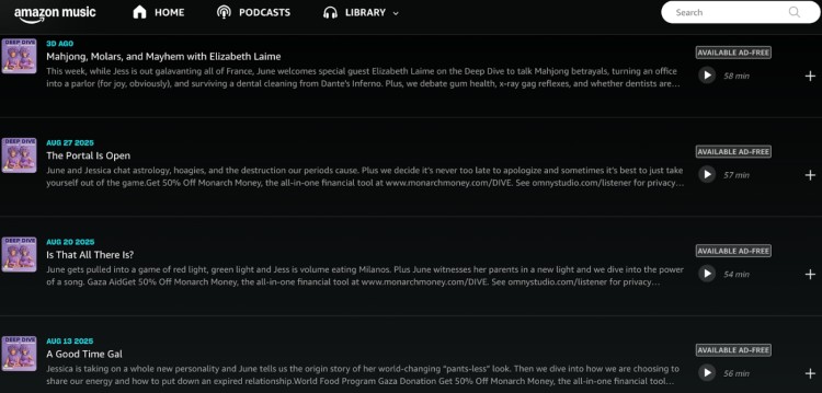 Screenshot of Amazon Music showing a list of podcast interviews including episodes like “Mahjong, Molars, and Mayhem,” “The Portal is Open,” and “A Good Time Gal,” with descriptions and durations.