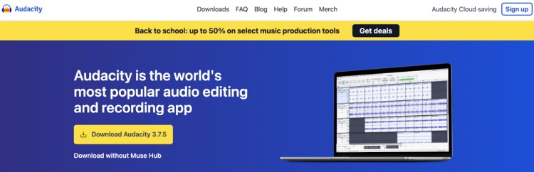 Screenshot of Audacity website promoting its recording and audio editing app with a laptop showing the software interface.