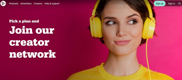 Smiling woman wearing yellow headphones and sweater against a pink background with text promoting great podcast hosting and joining a creator network.