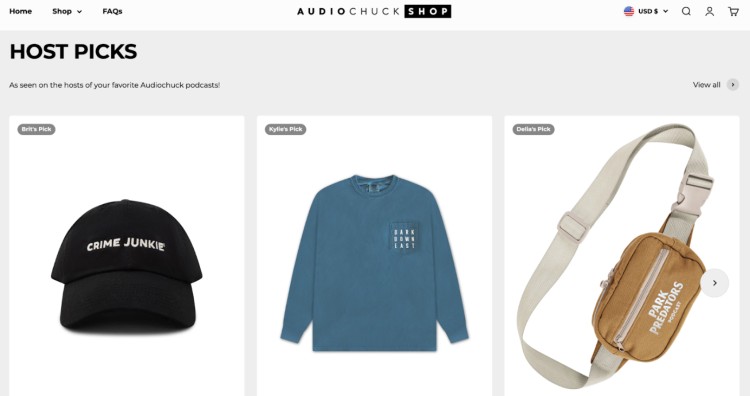 Screenshot of the AudioChuck Shop host picks section that allows podcasters to offer branded merchandise like hats, shirts, and bags to their fans.