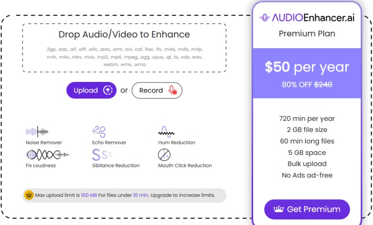 Screenshot of AudioEnhancer.ai showing noise remover, echo remover, and mouth click reduction features as an AI background noise remover for audio and video files.