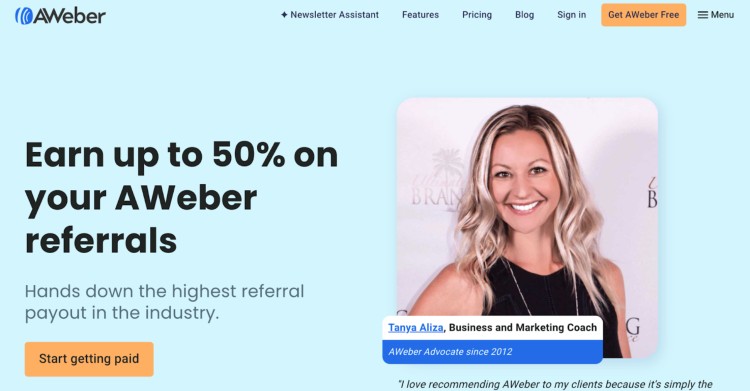 Screenshot of AWeber referral program page highlighting its position in the affiliate marketing industry, offering up to 50% recurring commissions.
