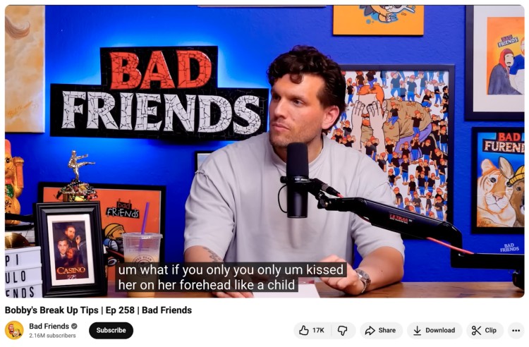 Screenshot from the Bad Friends podcast episode “Bobby’s Break Up Tips,” showing the host during a candid and humorous discussion that demonstrates how to ask open-ended questions that invites deeper and more entertaining conversations.