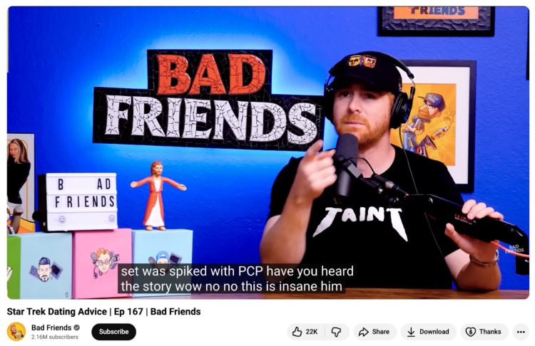 Screenshot from the Bad Friends podcast YouTube episode where the host discusses Star Trek dating advice, featuring comedic banter and funny questions between hosts.