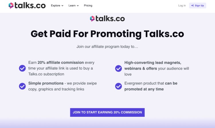 Screenshot of Talks.co affiliate program page showing how to become an affiliate and earn 20% commission for promoting Talks.co.