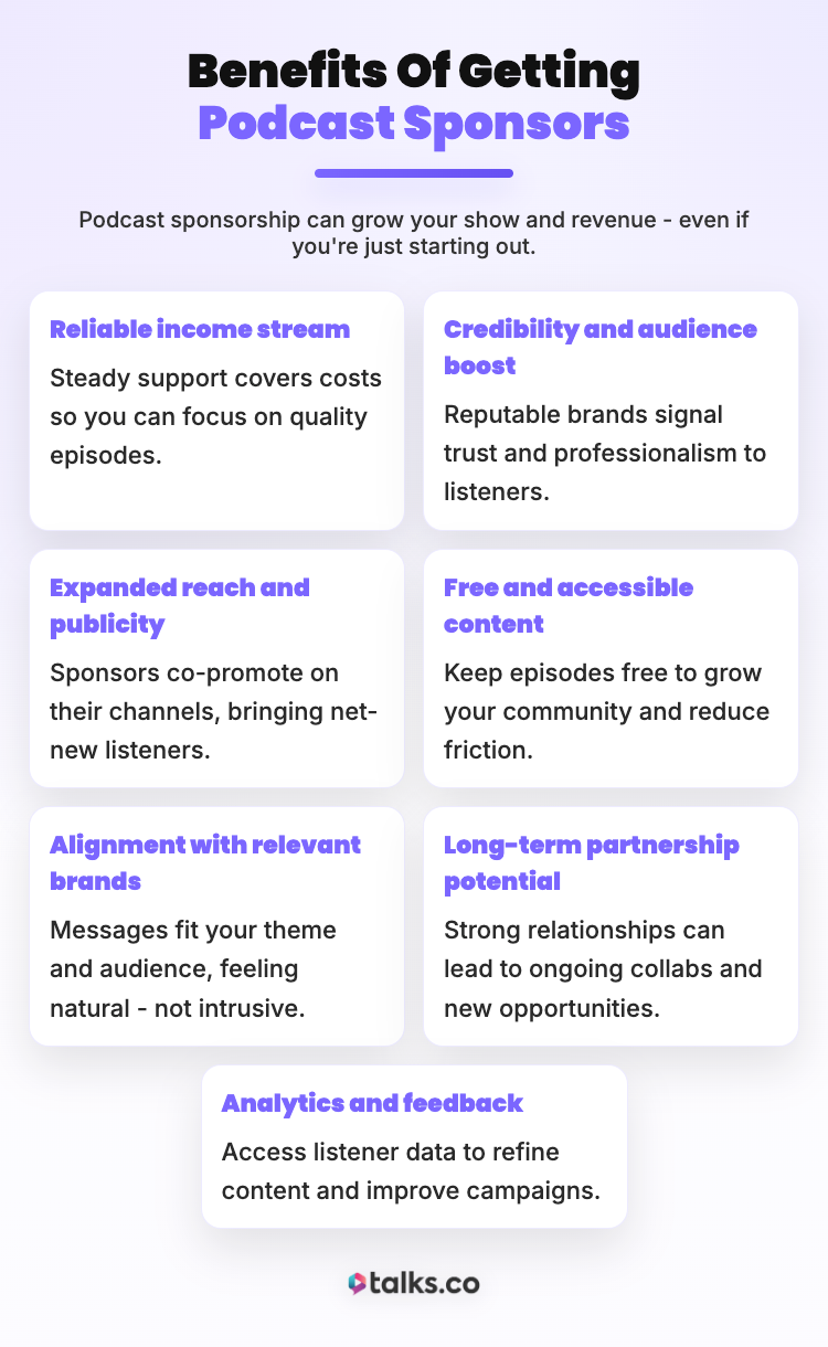 Infographic showing the main benefits of getting a podcast sponsorship deal, including reliable income, credibility boost, and long-term partnership potential.