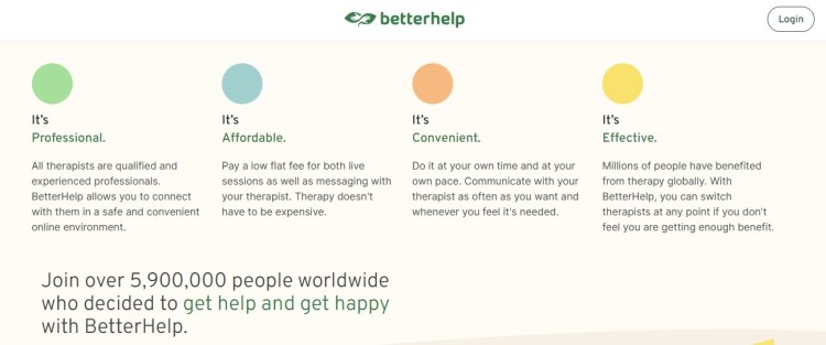 Screenshot of BetterHelp’s homepage showing how the platform helps users improve their life through professional, affordable, convenient, and effective online therapy.