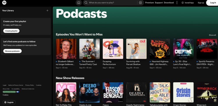 Spotify homepage displaying featured podcasts on Spotify including popular episodes, new show releases, and curated recommendations for listeners.