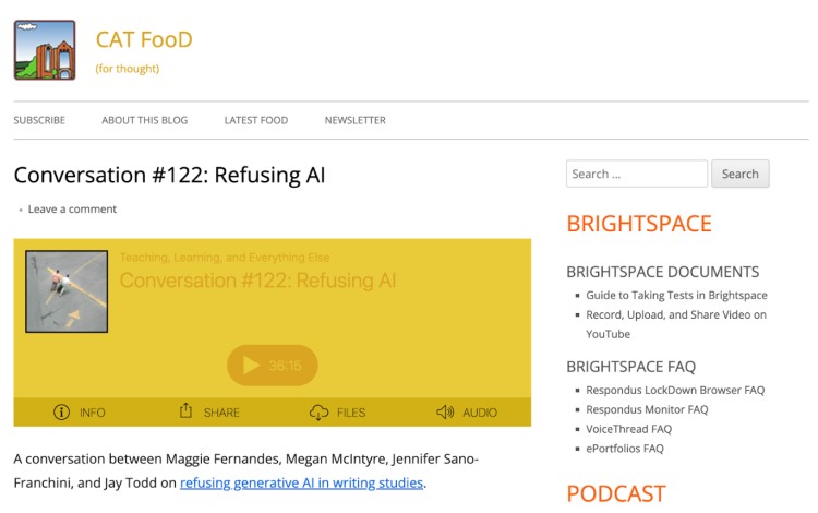 CAT FooD podcast episode titled 'Refusing AI' featuring a discussion on generative AI in writing studies, offering engaging content for educators and students.
