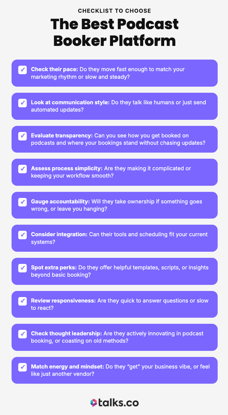 Checklist graphic that helps users find alternative podcast booker platforms by comparing communication, transparency, accountability, and workflow efficiency.