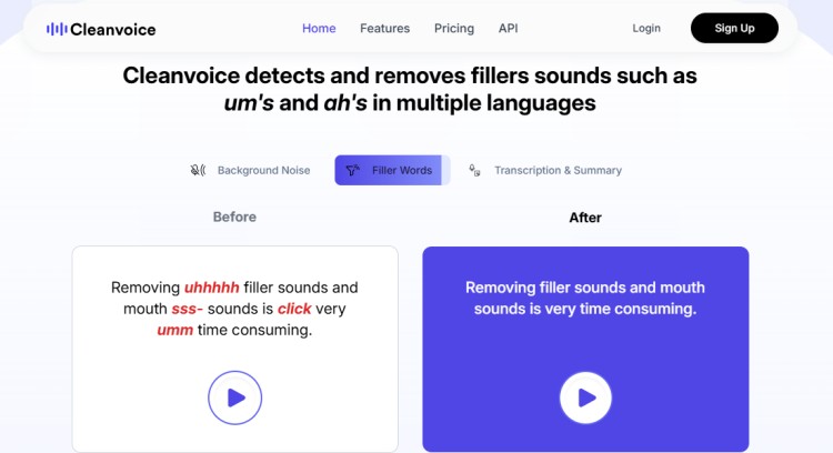 Screenshot of Cleanvoice AI app showing before and after examples of how it makes it easy to remove filler words like ums and ahs from recordings in multiple languages.