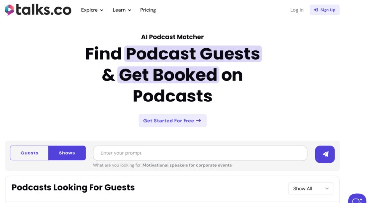 Screenshot of the Talks.co homepage used to compare PodPitch vs Talks.co, highlighting how both platforms help users find podcast guests and get booked on shows.