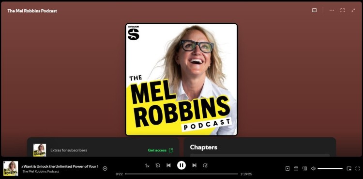 Screenshot of The Mel Robbins Podcast on Spotify, inviting listeners to discover empowering conversations and motivational insights.