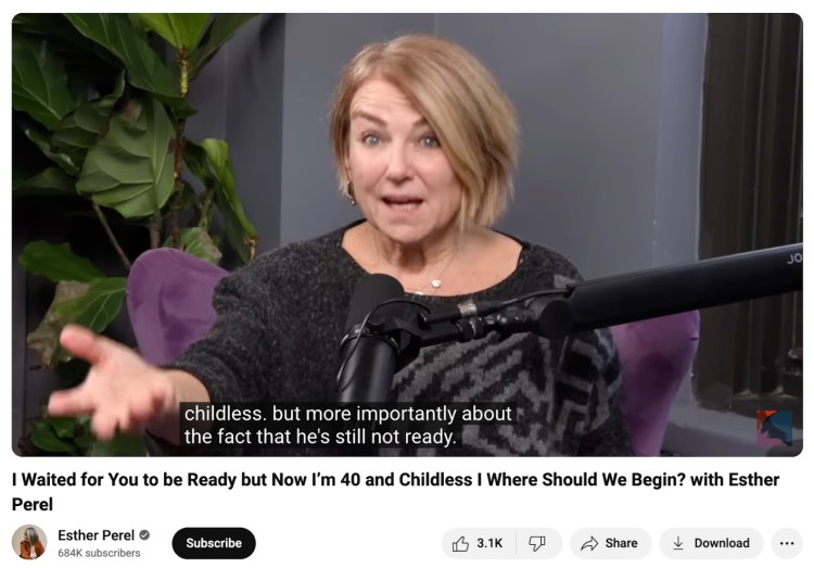 Esther Perel speaking passionately during her podcast “Where Should We Begin?” where she guides guests through meaningful conversations about love, readiness, and emotional connection.