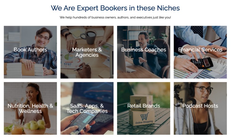 Image showing different industries where you can find expert bookers, including authors, marketers, business coaches, financial services, wellness professionals, SaaS companies, retail brands, and podcast hosts.