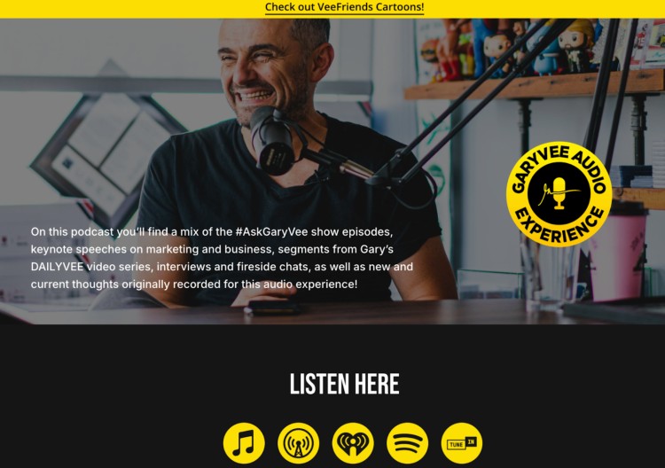 Screenshot of The GaryVee Audio Experience website promoting an affiliate marketing podcast featuring business insights, keynote speeches, and marketing advice.