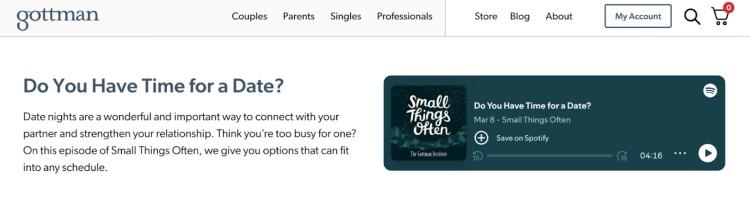Screenshot from the Gottman Institute’s Small Things Often podcast episode discussing the subject of making time for date nights to strengthen relationships.