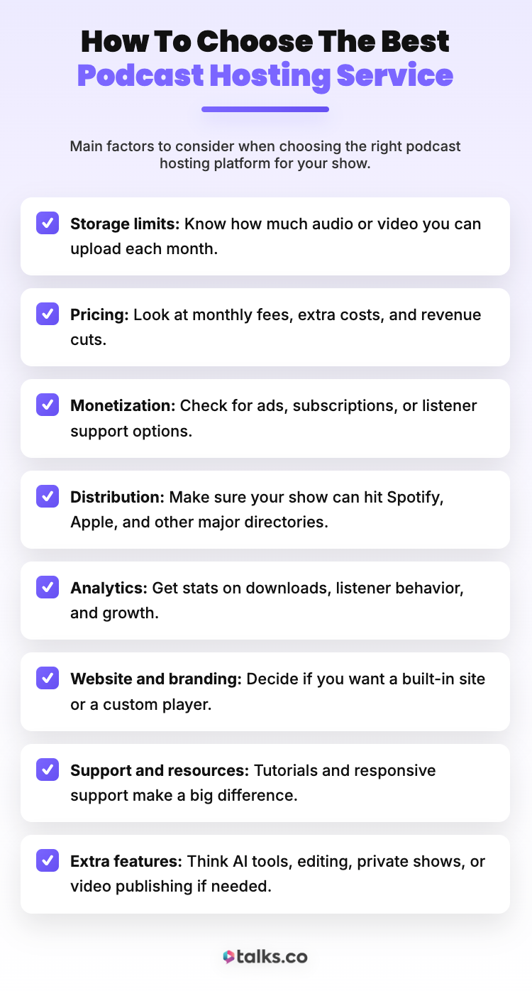Infographic showing key factors to help podcasters choose a hosting platform, including storage limits, pricing, monetization, distribution, analytics, website and branding, support, and extra features.