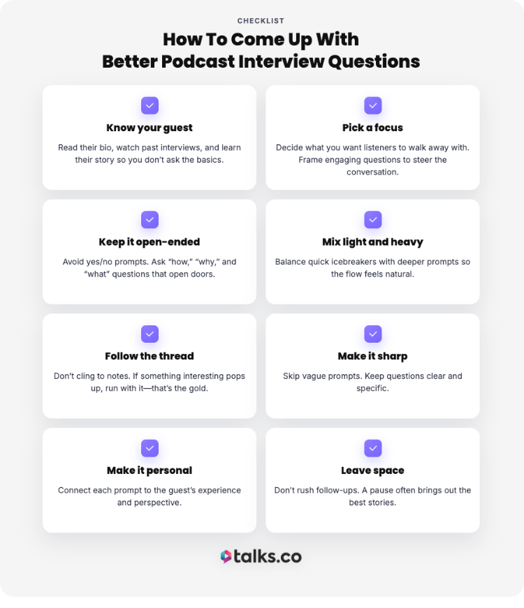 Infographic from Talks.co outlining a checklist on how to come up with better interview questions for podcasts, including tips like knowing your guest, keeping it open-ended, and making it personal.