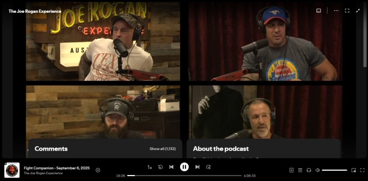 Screenshot from The Joe Rogan Experience podcast showing multiple guests during a live recording session of Fight Companion, a show followed by millions of listeners.