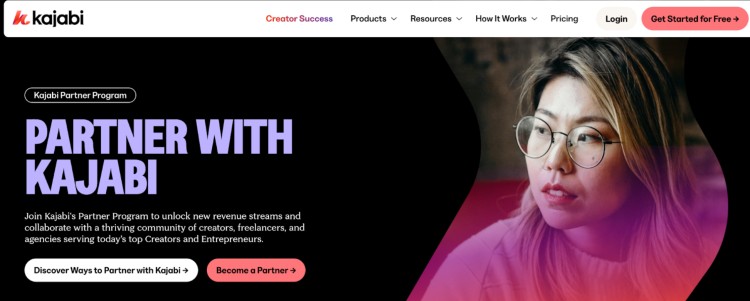 Screenshot of Kajabi Partner Program page promoting one of the best programs for creators and entrepreneurs to earn revenue by partnering with Kajabi.