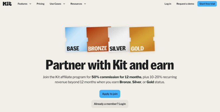 Screenshot of Kit’s successful affiliate program page showing Base, Bronze, Silver, and Gold commission tiers with 50% commission for 12 months and recurring revenue rewards.