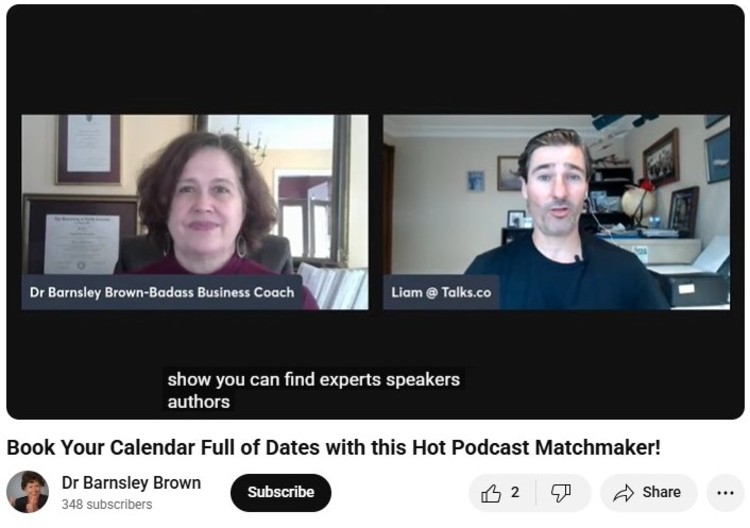 YouTube interview between Dr. Barnsley Brown and Liam Austin discussing how to find shows and book podcast interviews using podcast matchmaking tools.