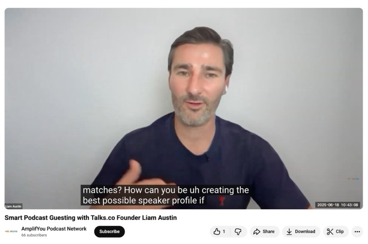 Liam Austin speaking in a podcast guesting interview, asking insightful questions about creating the best possible speaker profile to get booked