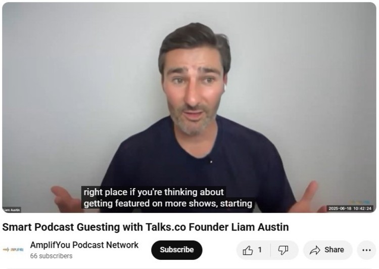 Screenshot of Liam Austin speaking during a YouTube interview about smart podcast guesting, emphasizing the importance of consistent messaging for podcast growth and visibility.
