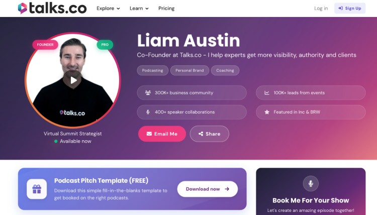 Screenshot of Liam Austin’s Talks.co profile showing how creators and coaches can pitch directly to podcast hosts to get booked for interviews and collaborations.