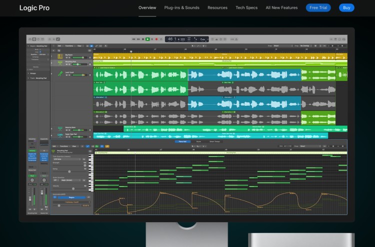 Screenshot of Logic Pro software for podcast recording showing multiple audio and MIDI tracks on a computer screen.