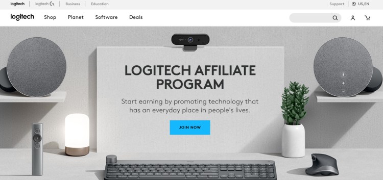 Screenshot of Logitech Affiliate Program page showing how affiliates to make commissions by promoting everyday technology products like webcams, keyboards, and speakers.