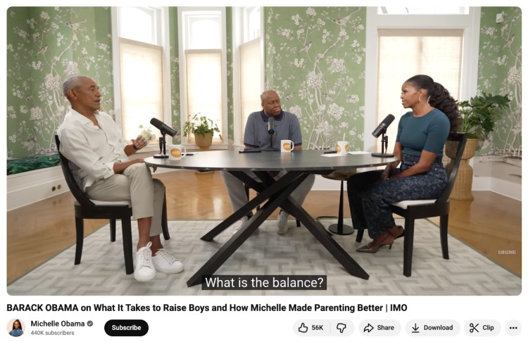 Screenshot from Michelle Obama’s podcast featuring Barack Obama and guests in discussion, demonstrating how to ask great questions about parenting, balance, and personal growth.