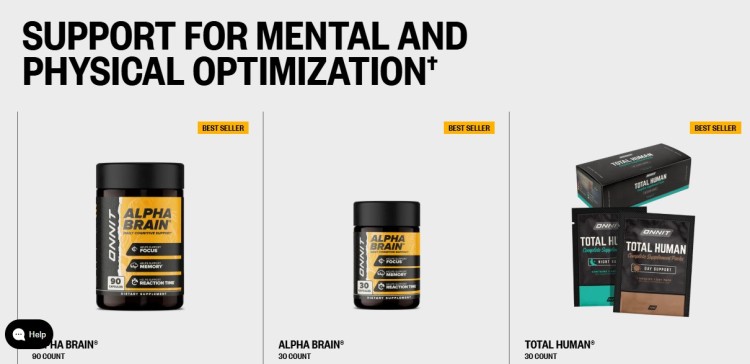 Screenshot of Onnit’s website displaying Alpha Brain and Total Human supplements, which are best-selling health and wellness products designed for mental and physical optimization.