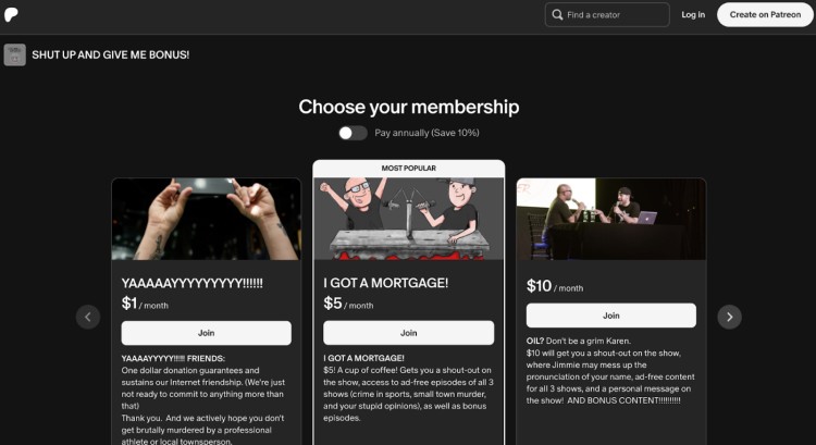 Screenshot of Patreon membership tiers showing how the platform allows you to earn monthly income from podcast supporters through different subscription levels.