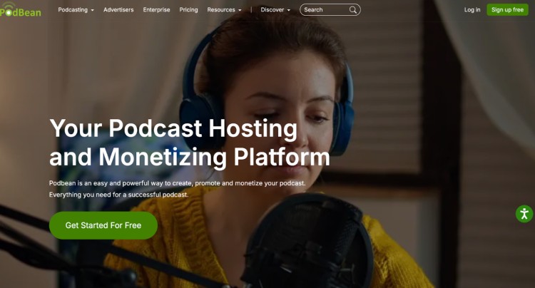 Screenshot of the Podbean homepage showing a woman recording a podcast with a microphone, promoting Podbean as a podcast hosting and monetization platform.