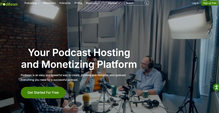 Screenshot of Podbean website showing people recording a podcast in a studio, highlighting its podcast recording and hosting features.