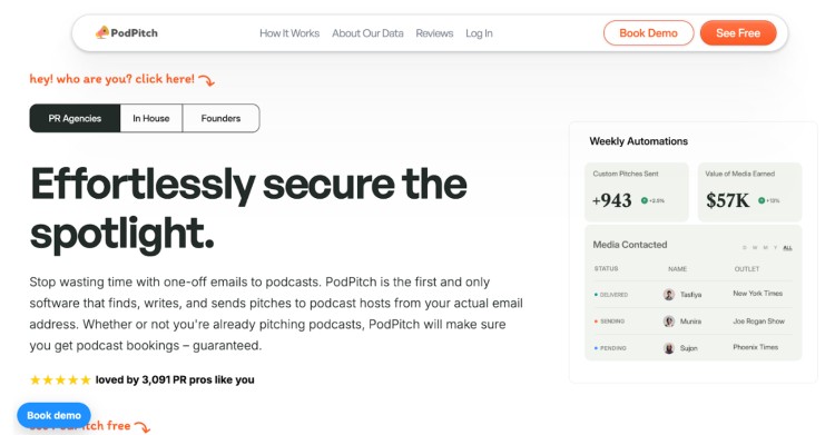 Screenshot of the PodPitch homepage showcasing its service for helping users secure guest appearances on podcasts through automated pitching and media outreach tools.