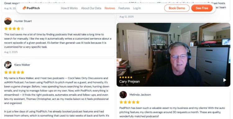 Screenshot of PodPitch reviews from real users sharing feedback to help professionals make the best choice for podcast pitching and automation.