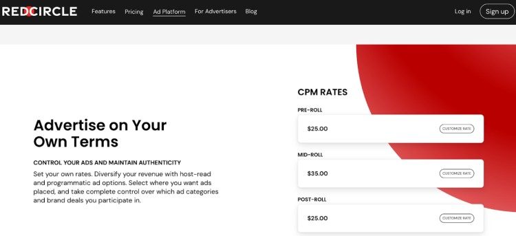 Screenshot of the RedCircle ad platform webpage showing CPM rates and tools that help podcasters produce high-quality ads and control their advertising options.