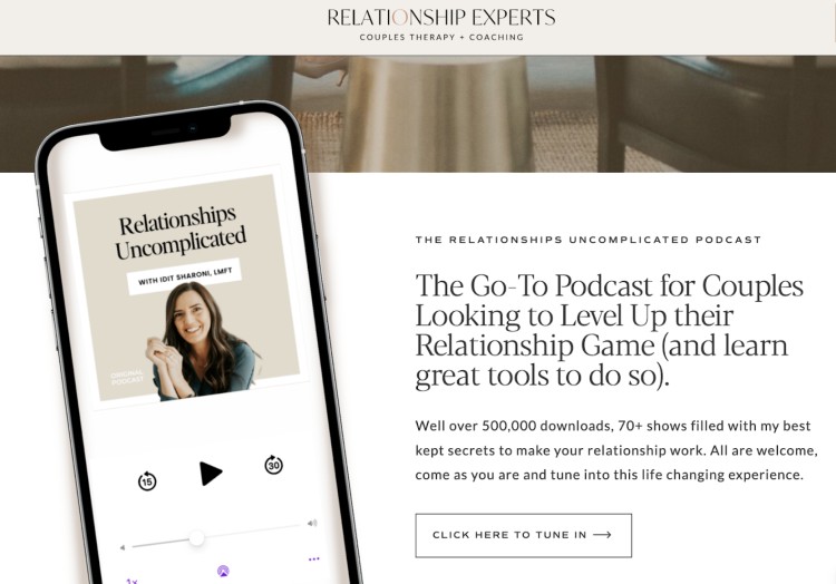 Screenshot of the Relationships Uncomplicated podcast by Relationship Experts, promoting episodes that help couples communicate better and get to know your partner on a deeper level.