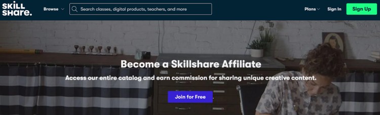 Screenshot of Skillshare affiliate page showing the option to join for free and earn commission for promoting creative content.