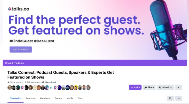 Screenshot of the Talks.co Facebook group called Talks Connect, a community for podcast creators, speakers, and guests to connect and get featured on shows.